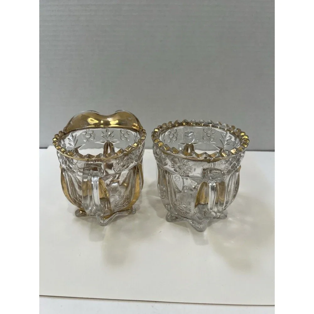 Antique 1897 EAPG Glass Sugar And Creamer Set Harvard Yard Gold Gilding Trim
